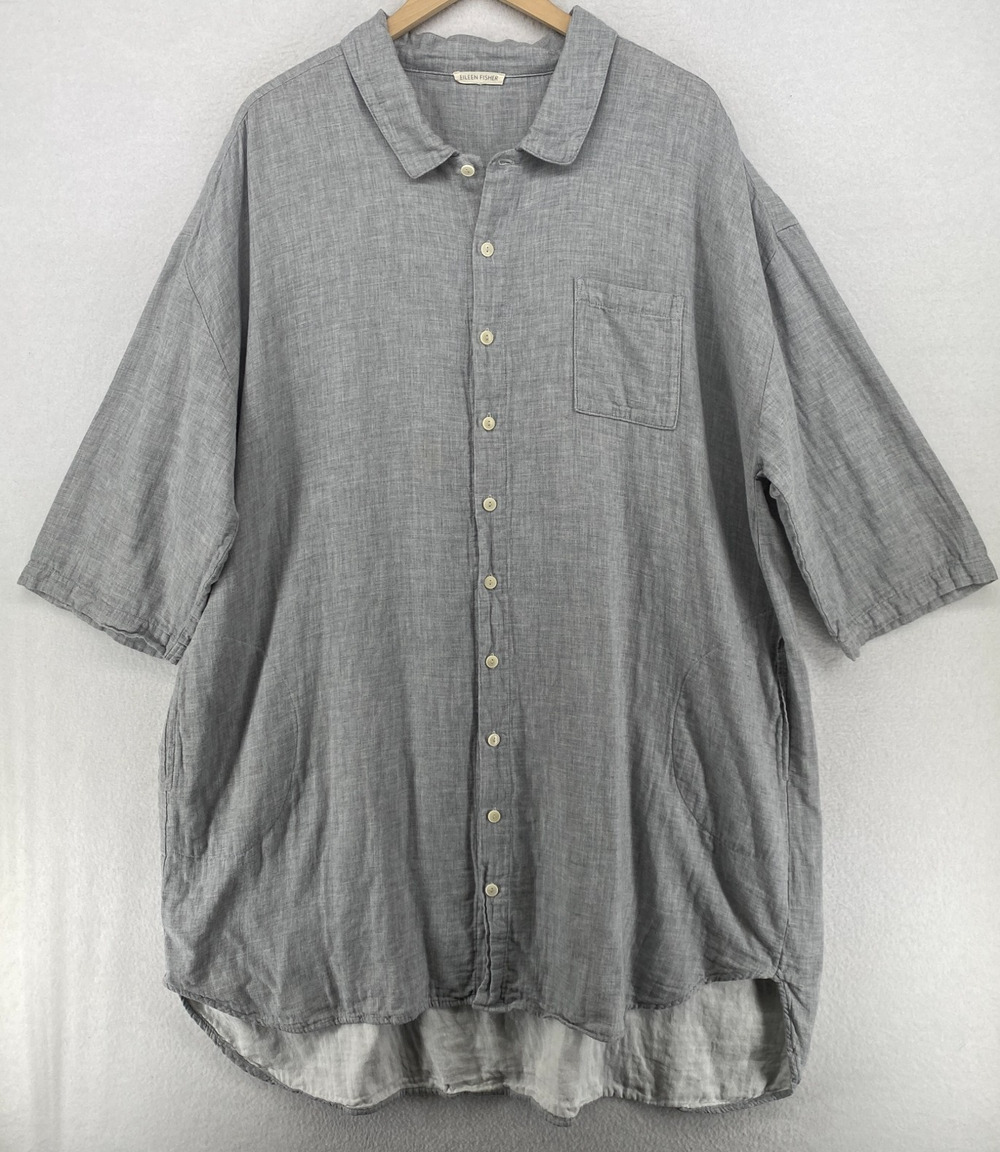 EILEEN FISHER Dress 1X Double Weave Cotton Shirtdress Button Up 3/4 Sleeve Gray
